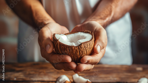 Close-up de mãos masculinas segurando coco cortado pela metade na mesa de madeira