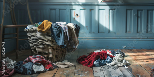 A laundry basket filled with dirty laundry is strewn across the floor, creating a mess that requires immediate attention and tidying up.