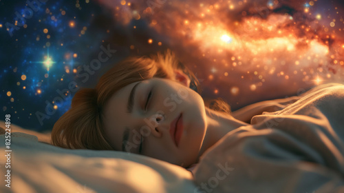 A imagem em close da mulher humana caucasiana que se deita para dormir no mar do espaço galáctico que funciona como um travesseiro que parece fofo e macio no céu brilhante de um universo