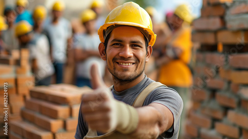 O pedreiro habilidoso deu um sinal de positivo confiante sinalizando aprovação no Dia do Trabalho em meio a uma multidão de construtores, engenheiros e operários