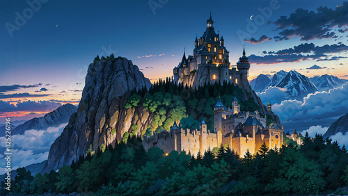 Enchanted castle perched on a mountain and tucked away in a forest: an anime wallpaper