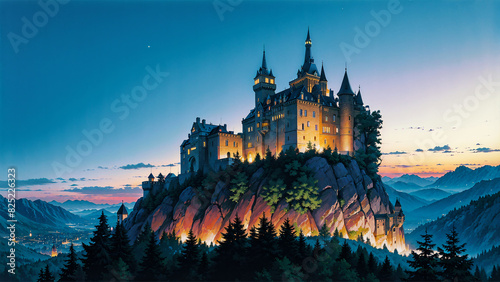 Anime wallpaper Magical castle on top of a mountain hidden in the forest