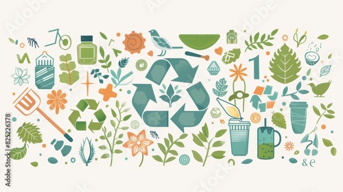 Central recycling logo surrounded by eco-friendly symbols, highlighting various sustainability goals, Surreal, Soft greens, Illustration, Emphasis on environmental harmony