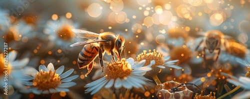 Bee on flowers, honeycomb in closeup, natural organic background, beauty product concept, sunlight effects