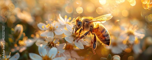 Bee on flowers, honeycomb, closeup, beautiful nature background, organic cosmetic concept, sunlight effects