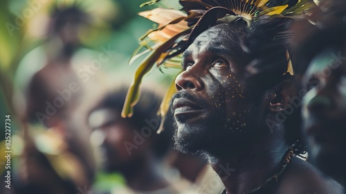 Close-up of a vanuatu man with traditional face paint and a decorative headdress, looking upwards in a natural setting.