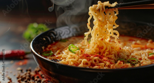 Schezwan Noodles or vegetable Hakka Noodles or chow mein is a popular Indo-Chinese recipes, served in a bowl or plate with wooden chopsticks. selective focus.