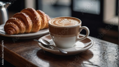 Classic pairing, cappuccino served with a croissant.