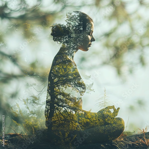 Double exposure of a peaceful woman meditating with overlapping nature elements, symbolizing the harmony between human and nature.