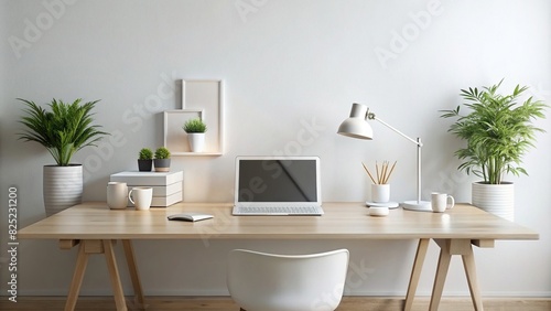 Minimalist office desk with pristine white accessories
