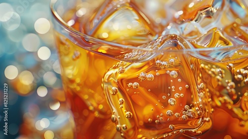 A close-up of a glass of iced tea, with ice cubes clinking against the glass, showcasing the coolness and freshness of the beverage.