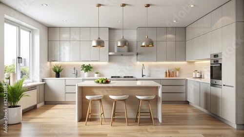 Minimalist kitchen with white countertops, stainless steel appliances, and neutral color scheme