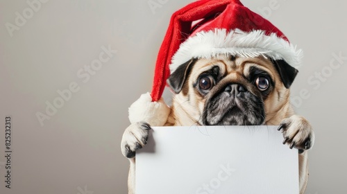 A pug dog in a Santa Claus hat holds an empty advertising poster.