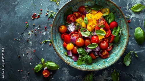 Fresh tomatoes, radishes and basil with flour for cooking