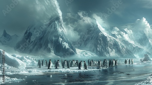 A group of penguins gathered on an icy shoreline, highlighting the fragile ecosystem of the polar regions and the impact of climate change on these habitats.