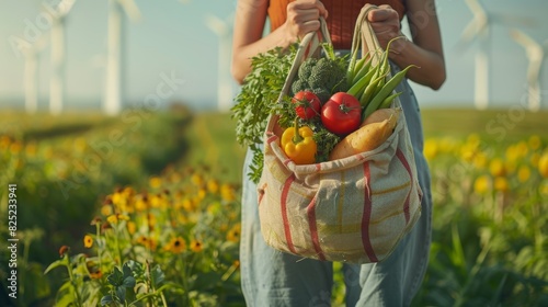 A person holding a reusable cloth bag filled with fresh vegetables, with a background of lush green fields and wind turbines, promoting sustainable and eco-friendly living.