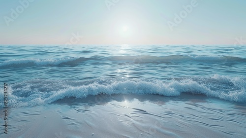 A photorealistic image of a calm ocean with gentle waves lapping against the shore, shot under a clear blue sky.