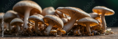 A close-up of fresh mushrooms growing together with focus on textural details and natural lighting