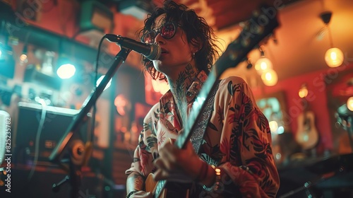 The image shows a man playing guitar and singing in a bar