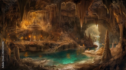 color photo of an extraordinary subterranean wonder, a mystical cave veiled in an ethereal glow, its walls adorned with glistening stalactites and shimmering pools, 