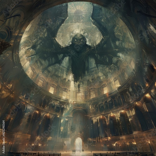 a large circular religious room with a shadowy monster at the centre, dark fantasy art