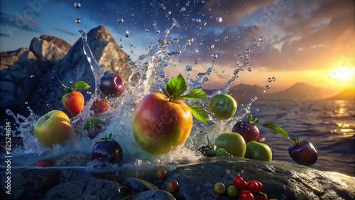 Close up of fresh fruit splashing water against a rocky shore background