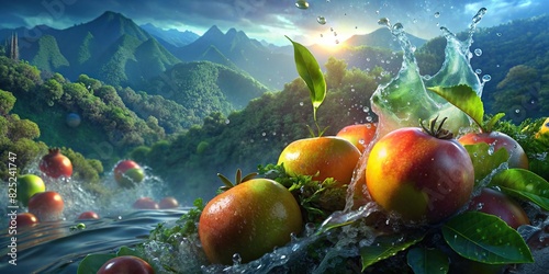 Close up of fresh fruit splashing in water with a verdant valley background