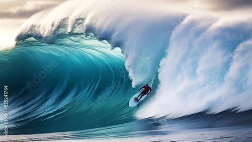 Surfer on crest of huge wave