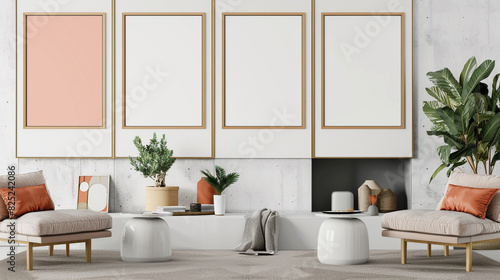 Four blank horizontal poster frames in a Scandinavian style living room with a coral and white theme. Frames are staggered vertically above a modern fireplace.