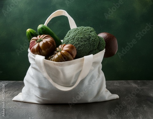 Einkaufstüte voll mit Gemüse - Karotten, Paprika, Melanzani, Tomate, Gurke und Brokkoli - Grüner Hintergrund