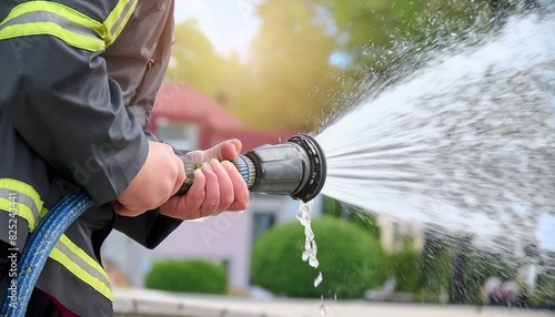 Feuerwehrmann löscht Feuer mit Wasser - Brand wird Mit Schlauch gelöscht