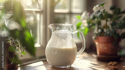 Glass pitcher of milk on a wooden table by the window