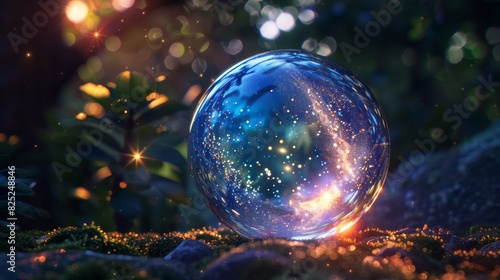 Glass sphere with sparkling light in a forest for fantasy or mystic themed designs