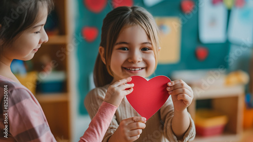 Criança bonita dando um cartão em forma de coração para seu professor de jardim de infância ou pré-escola no último dia de aula. Criança grata e seu zelador