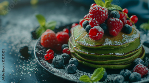 Fundo colorido com um prato com deliciosas panquecas verdes cobertas com frutas vermelhas, perfeitas para uma imagem de espaço de cópia