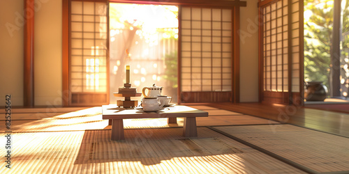 Japanese Tea Ceremony Preparation - A traditional Japanese room with tatami mat flooring and sliding doors, featuring a low table set with a tea set and incense burner, ready for a serene tea ceremony