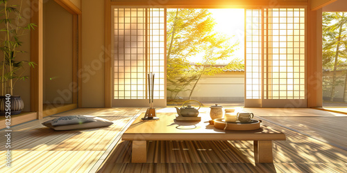 Japanese Tea Ceremony Preparation - A traditional Japanese room with tatami mat flooring and sliding doors, featuring a low table set with a tea set and incense burner, ready for a serene tea ceremony