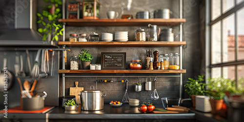Italian Chef's Inspirational Kitchen - A stylish, industrial-inspired kitchen with an open shelf holding cooking tools and a chalkboard menu, showcasing the creativity of an Italian chef at work