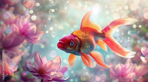 Goldfish swimming alone in an aquarium with bubbles and colorful fins
