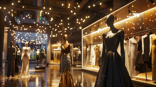 An elegant fashion showroom with mannequins dressed in chic evening wear under soft lighting.