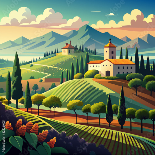 Tuscany landscape with vineyard, beautiful daylight