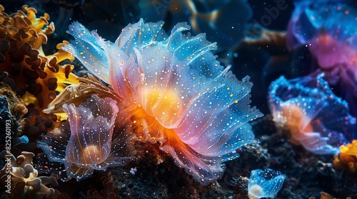 A glowing underwater plant with shades of blue, pink, yellow and orange.