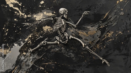Golden skeleton ballerina on a black background for halloween or gothic themed designs