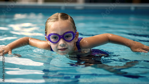 Mała dziewczynka z mokrymi włosami w okularach pływackich, pływający w basenie, nauka pływania
