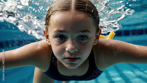 dziewczynka zanurzona w wodzie, pływający w basenie, nauka pływania