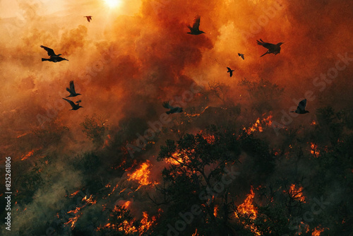 Massive Wildfire with Fleeing Birds, fiery landscape, environmental disaster, dramatic flames, wildlife escape, background, intense scene, cover image