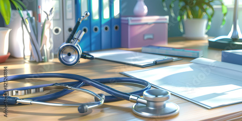 A doctor's consultation: A medical office desk with a stethoscope, patient file folders, and a diagnostic tool, suggesting a trusting interaction between doctor and patient