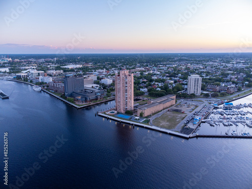 Portsmouth Virginia, USA. Aerial sunset waterfront photo.