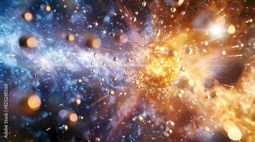 A scene of a particle decay, with a background of particles of matter and energy