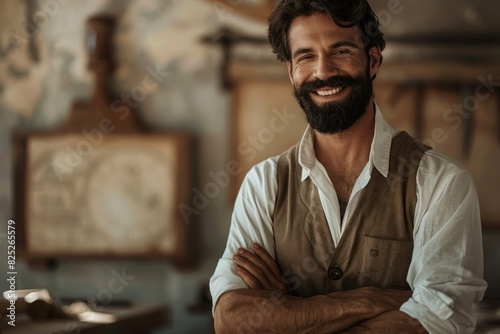 An adult man with a beard smiles warmly and his stern appearance complements the atmosphere of the workshop.